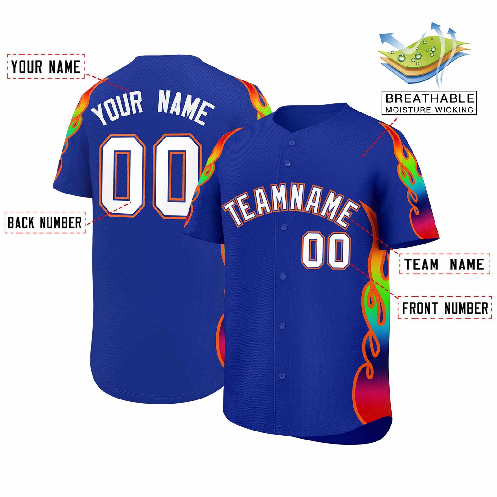 Custom Royal Graffiti Pattern Personalized Multicolored Flames Print Authentic Baseball Jersey