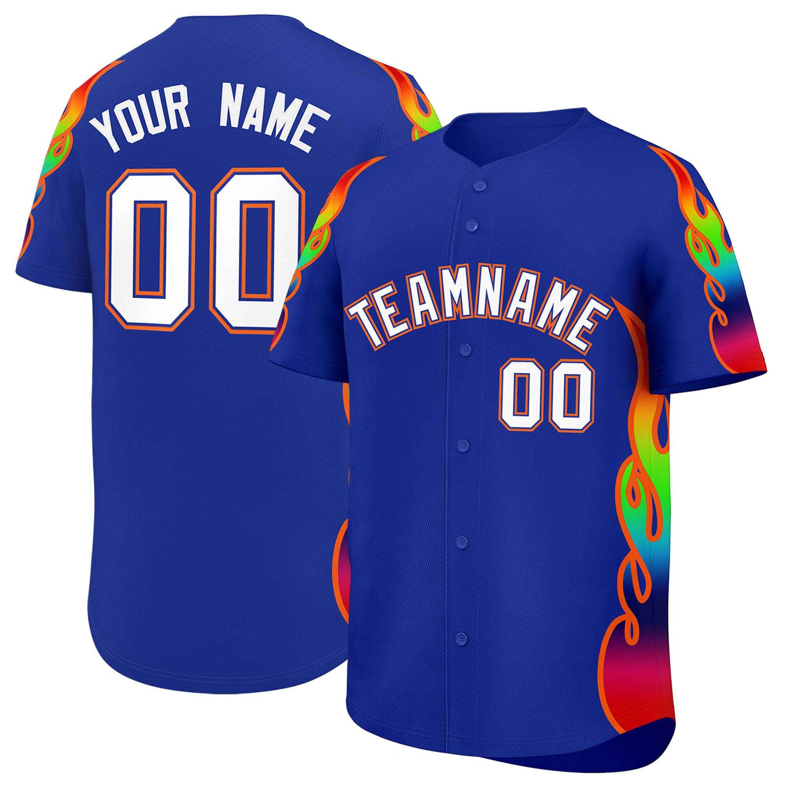 Custom Royal Graffiti Pattern Personalized Multicolored Flames Print Authentic Baseball Jersey