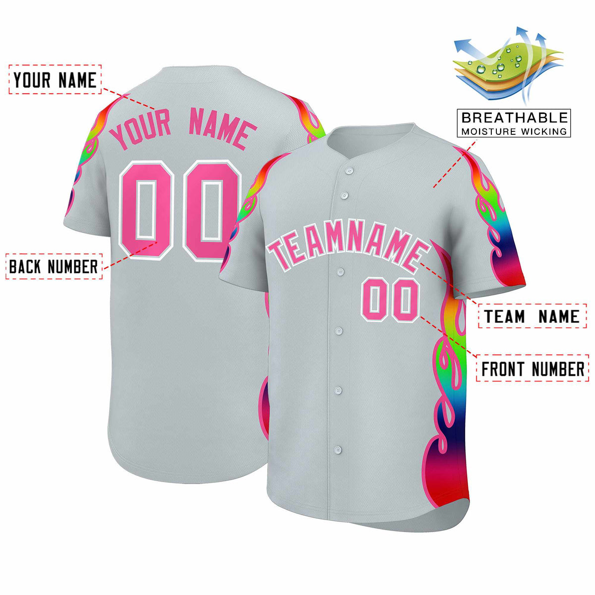 Custom Silver Graffiti Pattern Personalized Multicolored Flames Print Authentic Baseball Jersey