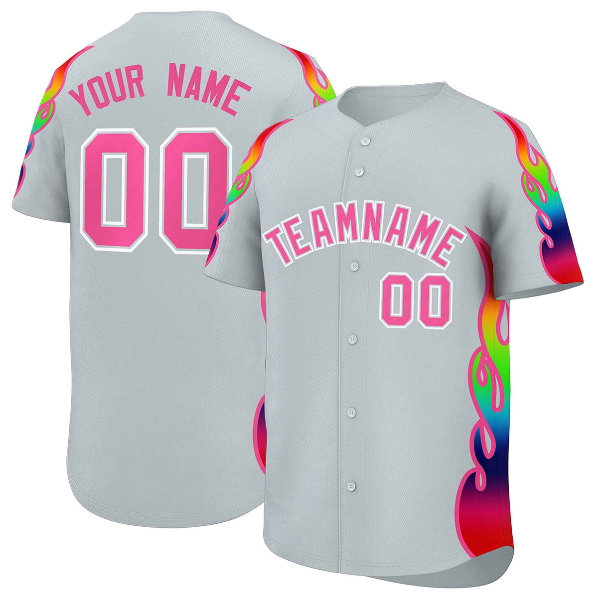 Custom Silver Graffiti Pattern Personalized Multicolored Flames Print Authentic Baseball Jersey