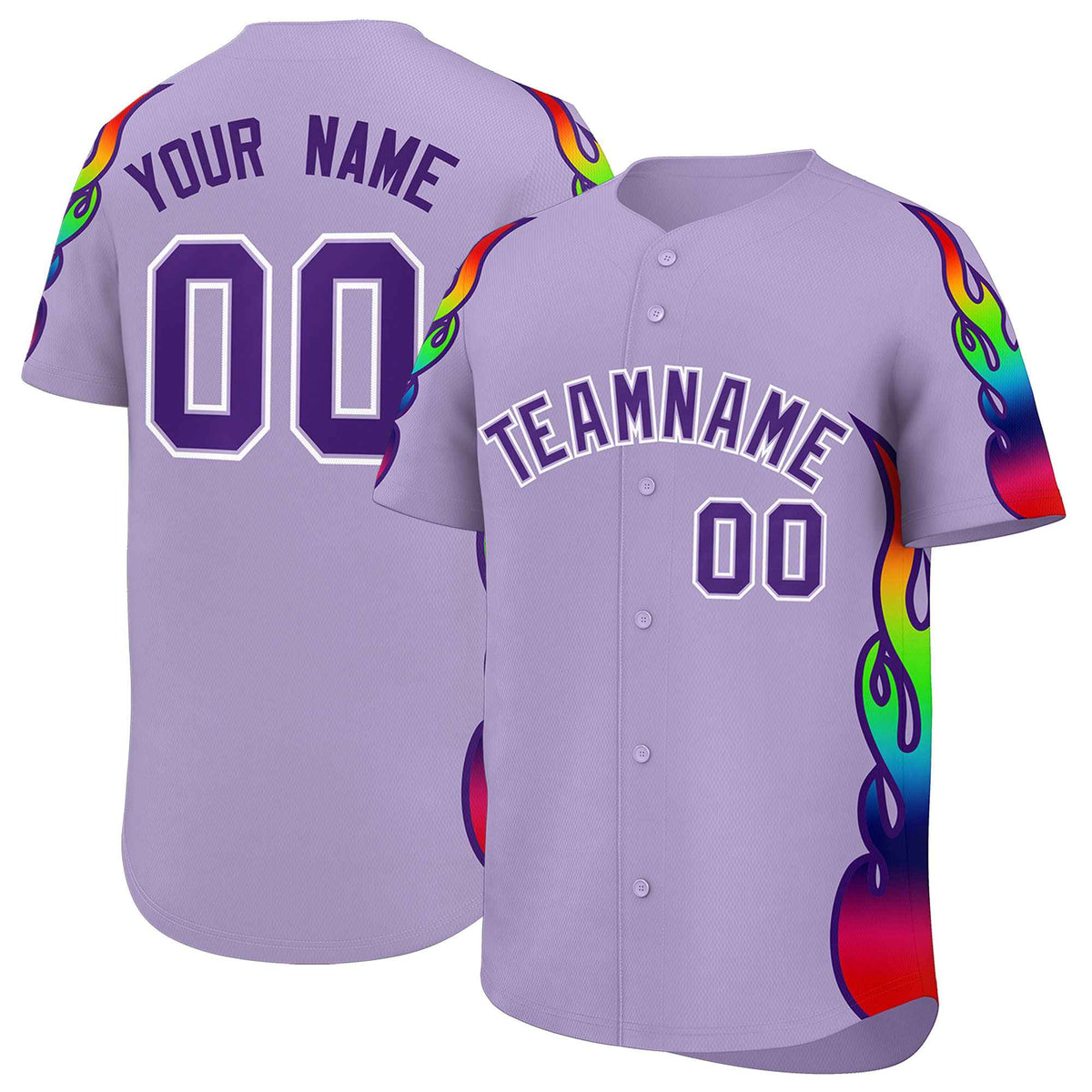 Custom Light Purple Graffiti Pattern Personalized Multicolored Flames Print Authentic Baseball Jersey