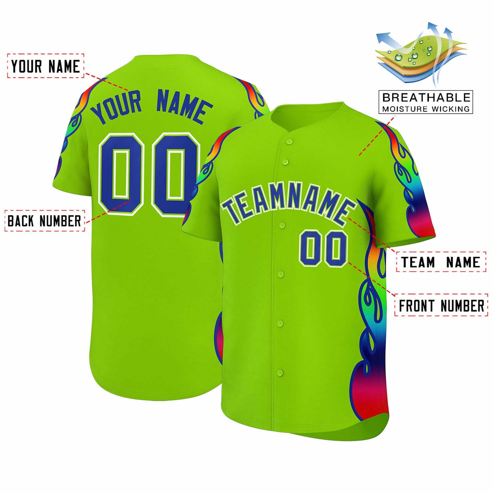 Custom Neon Green Graffiti Pattern Personalized Multicolored Flames Print Authentic Baseball Jersey