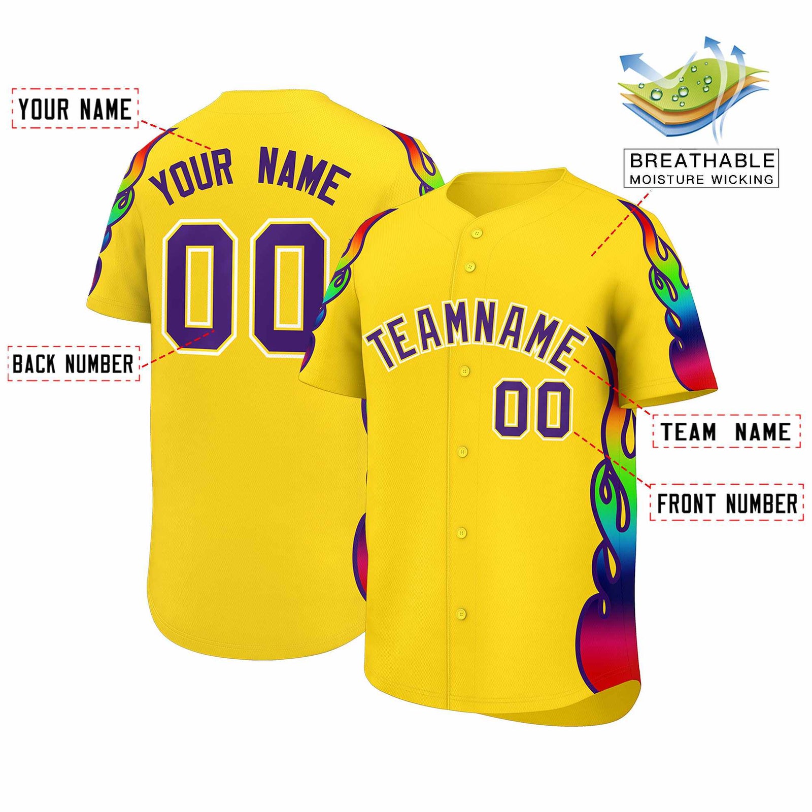 Custom Gold Graffiti Pattern Personalized Multicolored Flames Print Authentic Baseball Jersey