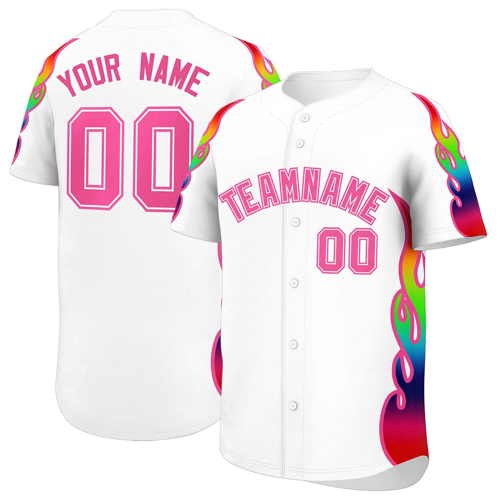 Custom White Graffiti Pattern Personalized Multicolored Flames Print Authentic Baseball Jersey
