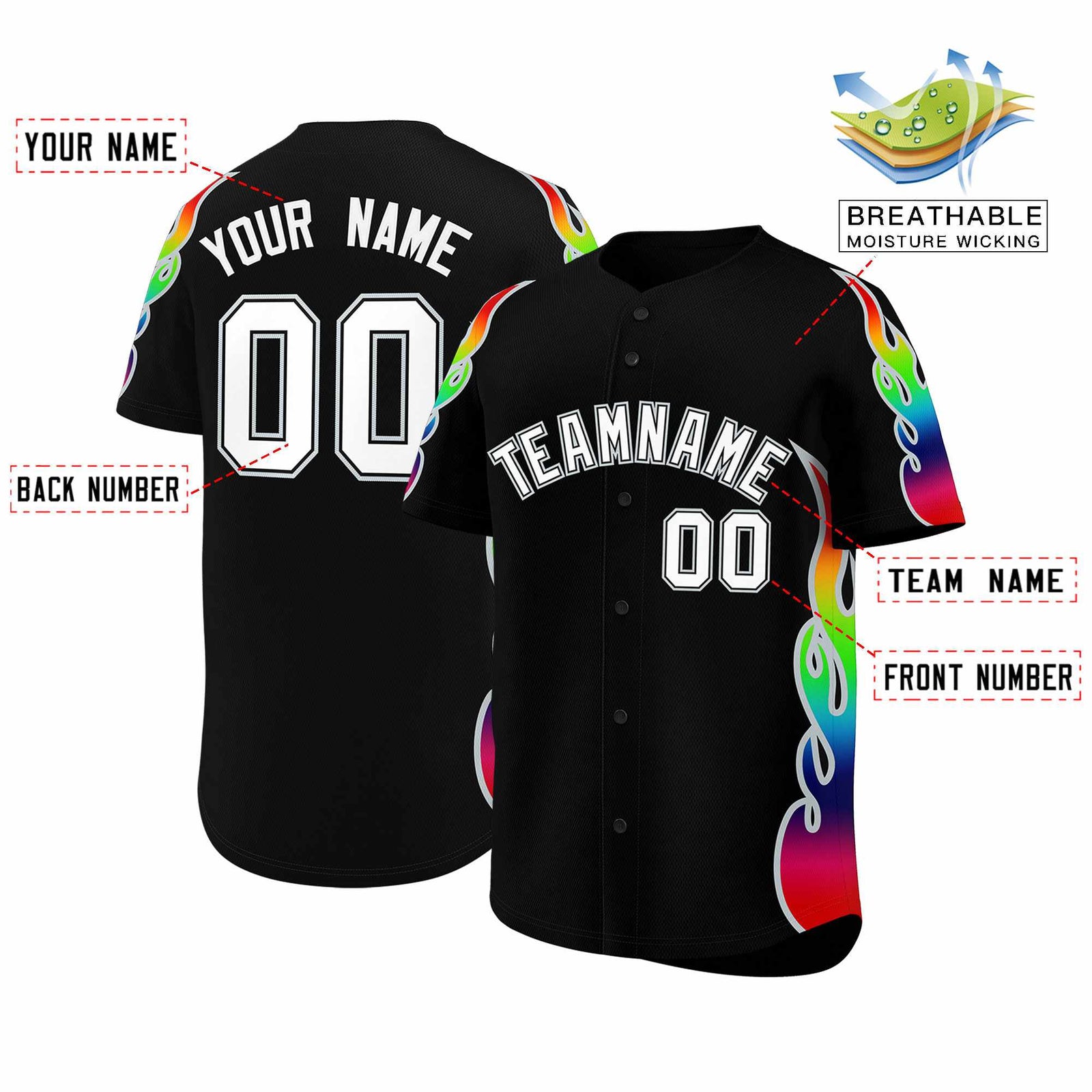 Custom Black Graffiti Pattern Personalized Multicolored Flames Print Authentic Baseball Jersey