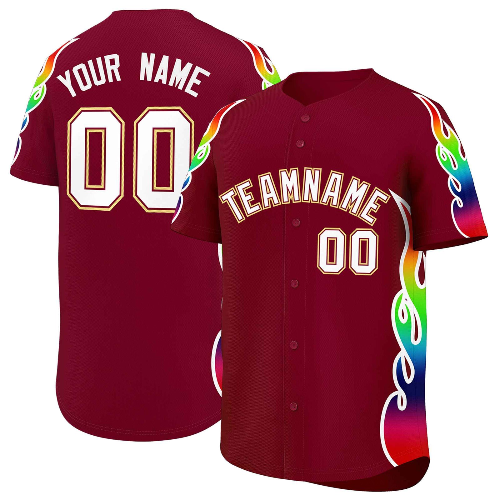 Custom Crimson Graffiti Pattern Personalized Multicolored Flames Print Authentic Baseball Jersey