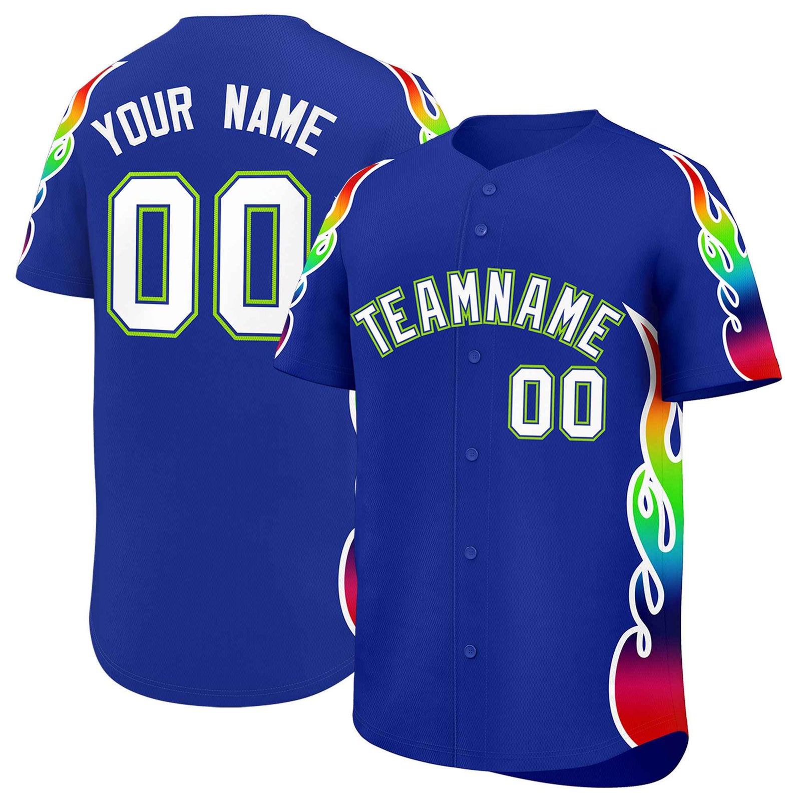 Custom Royal Graffiti Pattern Personalized Multicolored Flames Print Authentic Baseball Jersey
