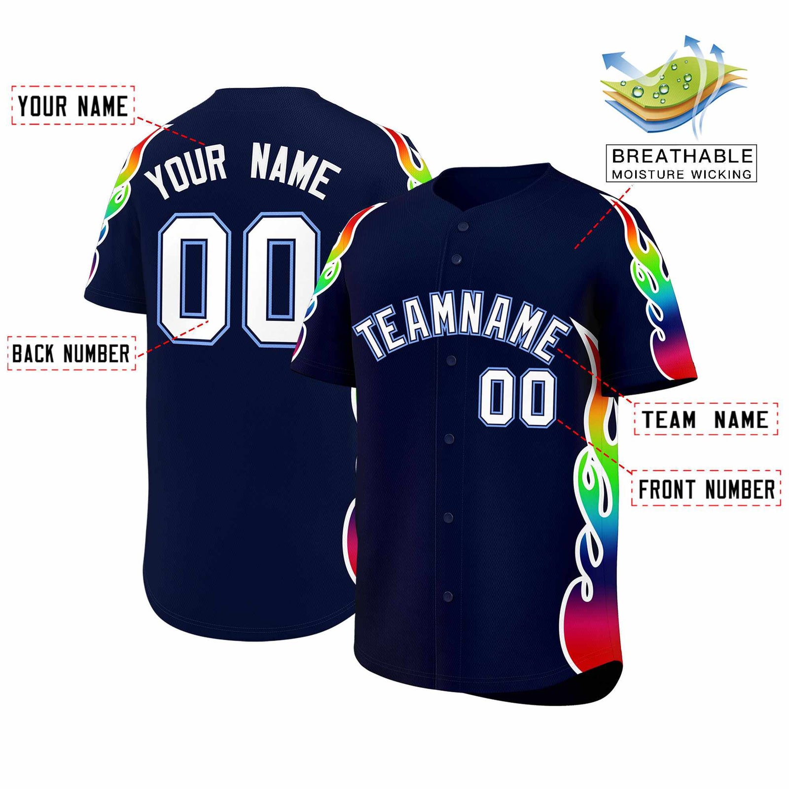 Custom Navy Graffiti Pattern Personalized Multicolored Flames Print Authentic Baseball Jersey