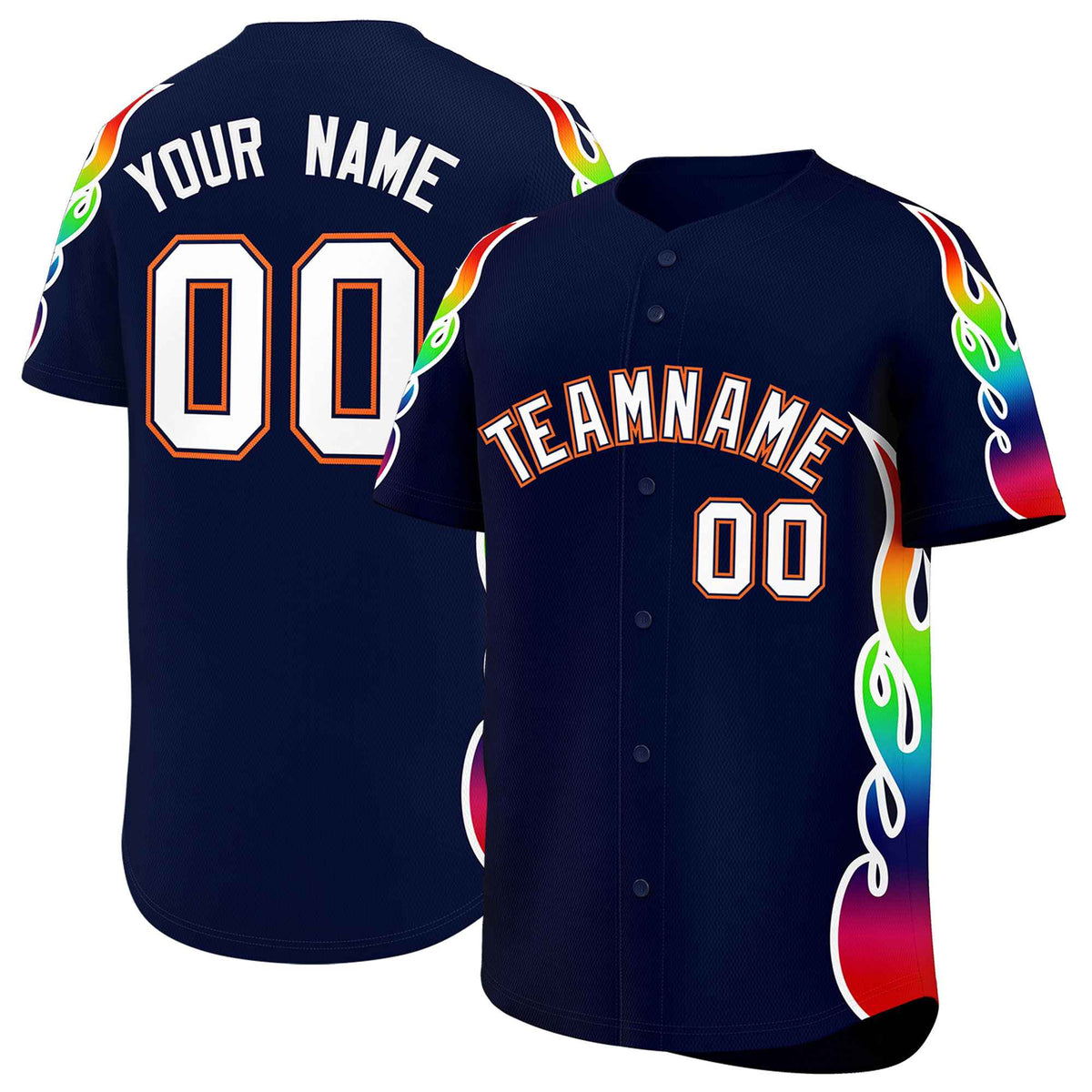 Custom Navy Graffiti Pattern Personalized Multicolored Flames Print Authentic Baseball Jersey