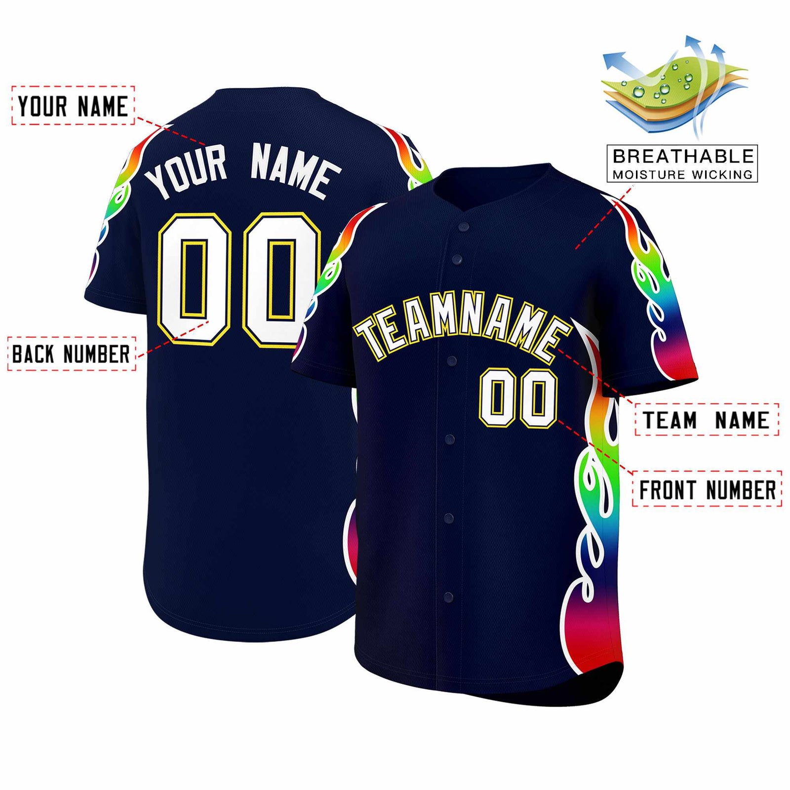 Custom Navy Graffiti Pattern Personalized Multicolored Flames Print Authentic Baseball Jersey