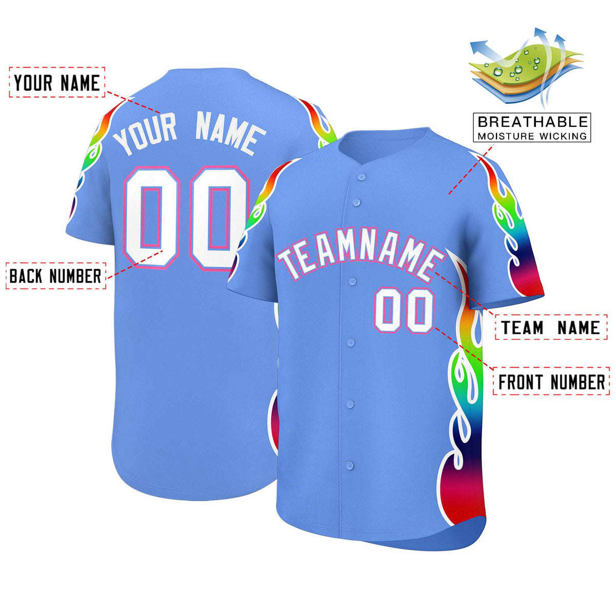 Custom Light Blue Graffiti Pattern Personalized Multicolored Flames Print Authentic Baseball Jersey