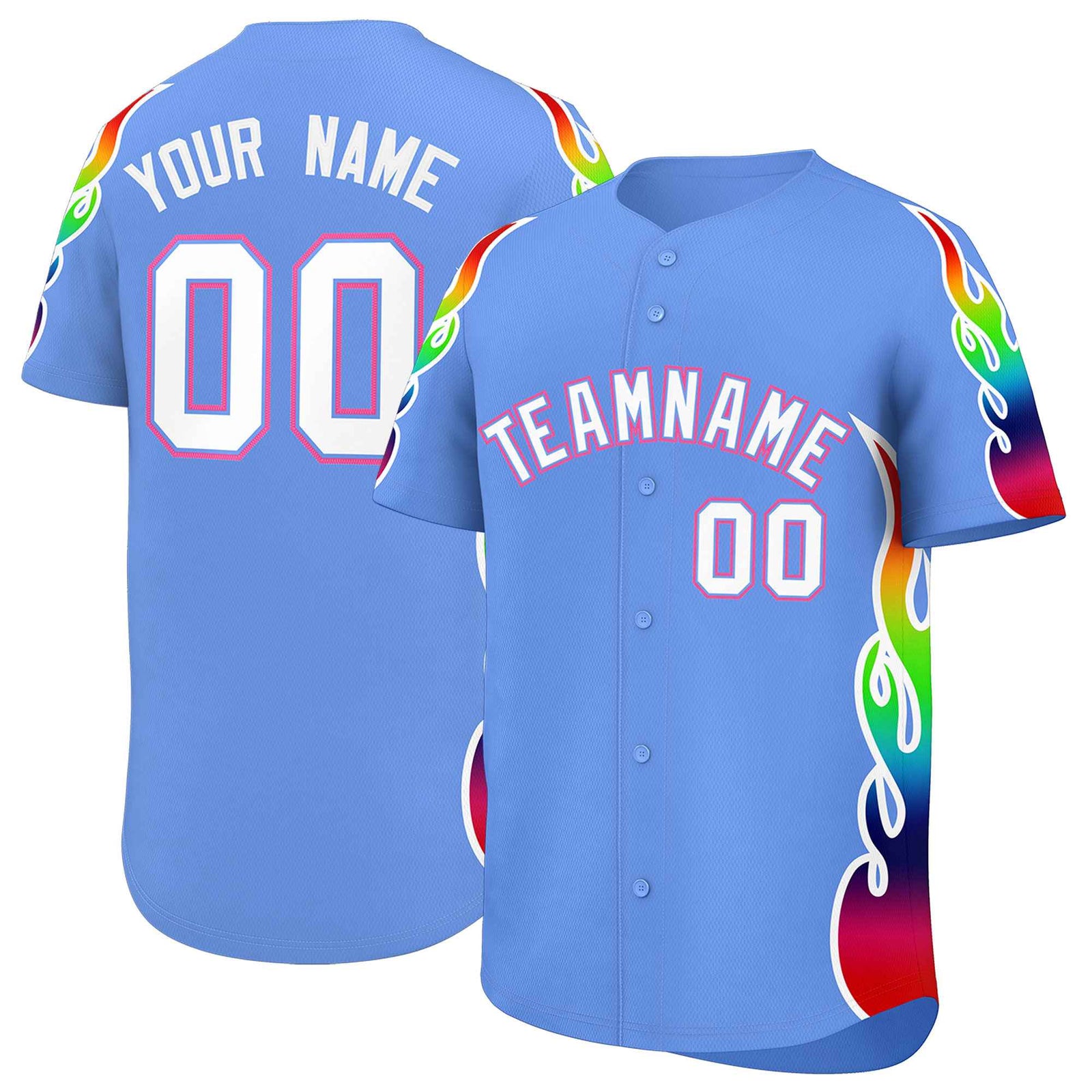 Custom Light Blue Graffiti Pattern Personalized Multicolored Flames Print Authentic Baseball Jersey
