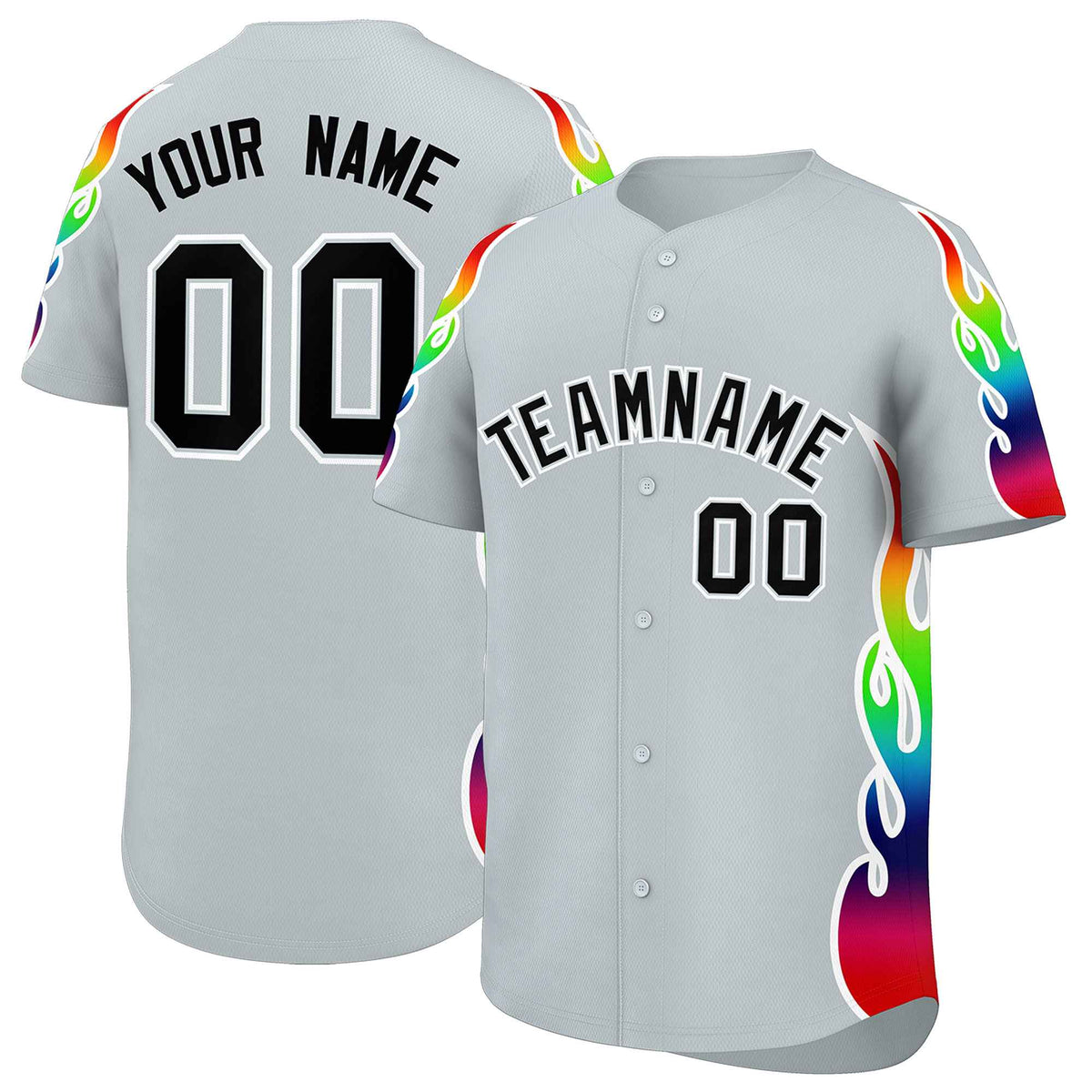 Custom Silver Graffiti Pattern Personalized Multicolored Flames Print Authentic Baseball Jersey