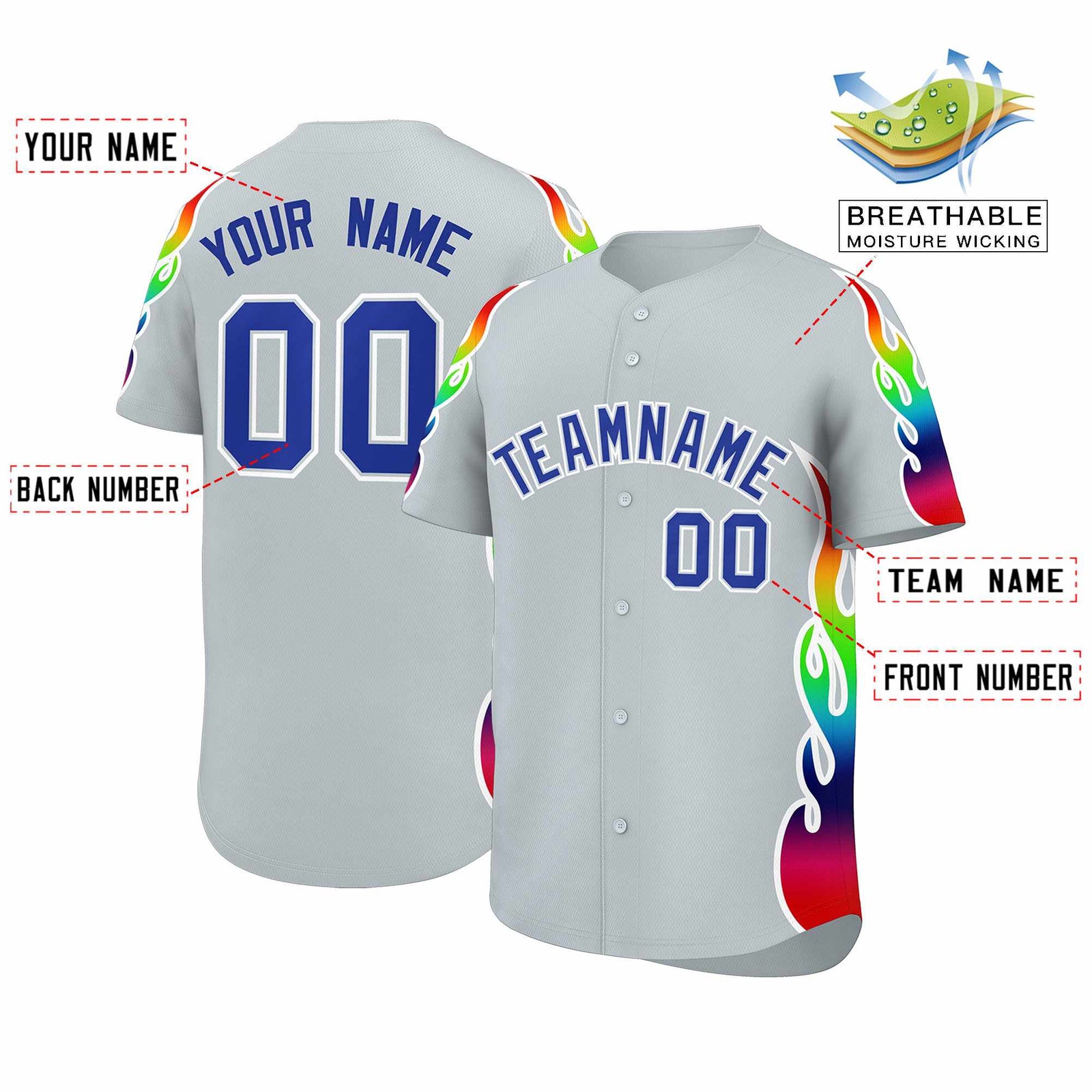 Custom Silver Graffiti Pattern Personalized Multicolored Flames Print Authentic Baseball Jersey