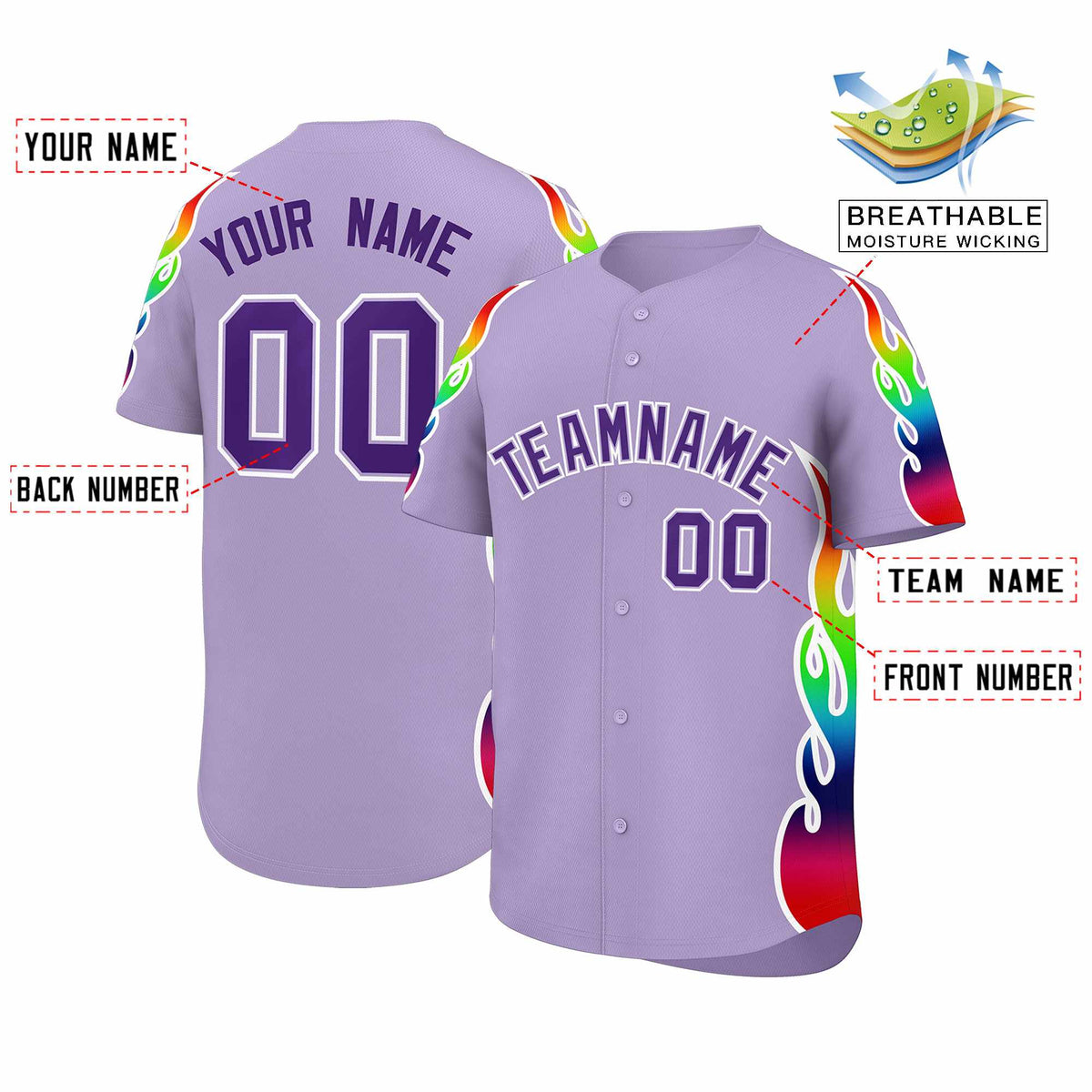 Custom Light Purple Graffiti Pattern Personalized Multicolored Flames Print Authentic Baseball Jersey