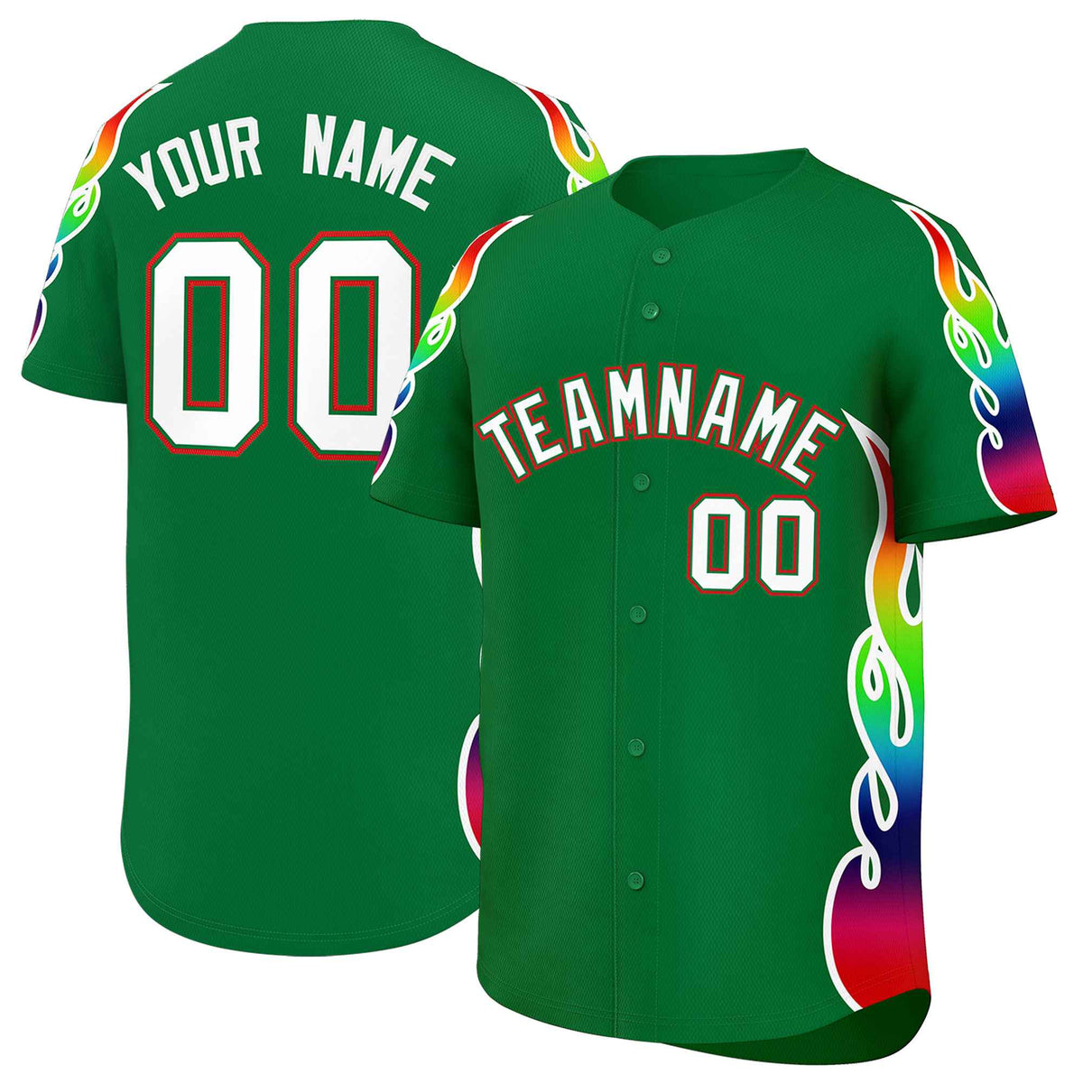 Custom Kelly Green Graffiti Pattern Personalized Multicolored Flames Print Authentic Baseball Jersey