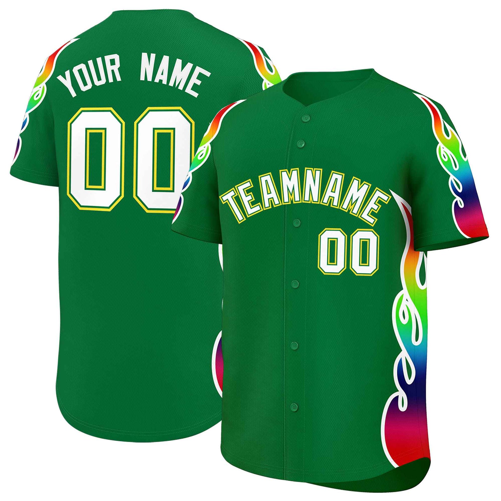 Custom Kelly Green Graffiti Pattern Personalized Multicolored Flames Print Authentic Baseball Jersey