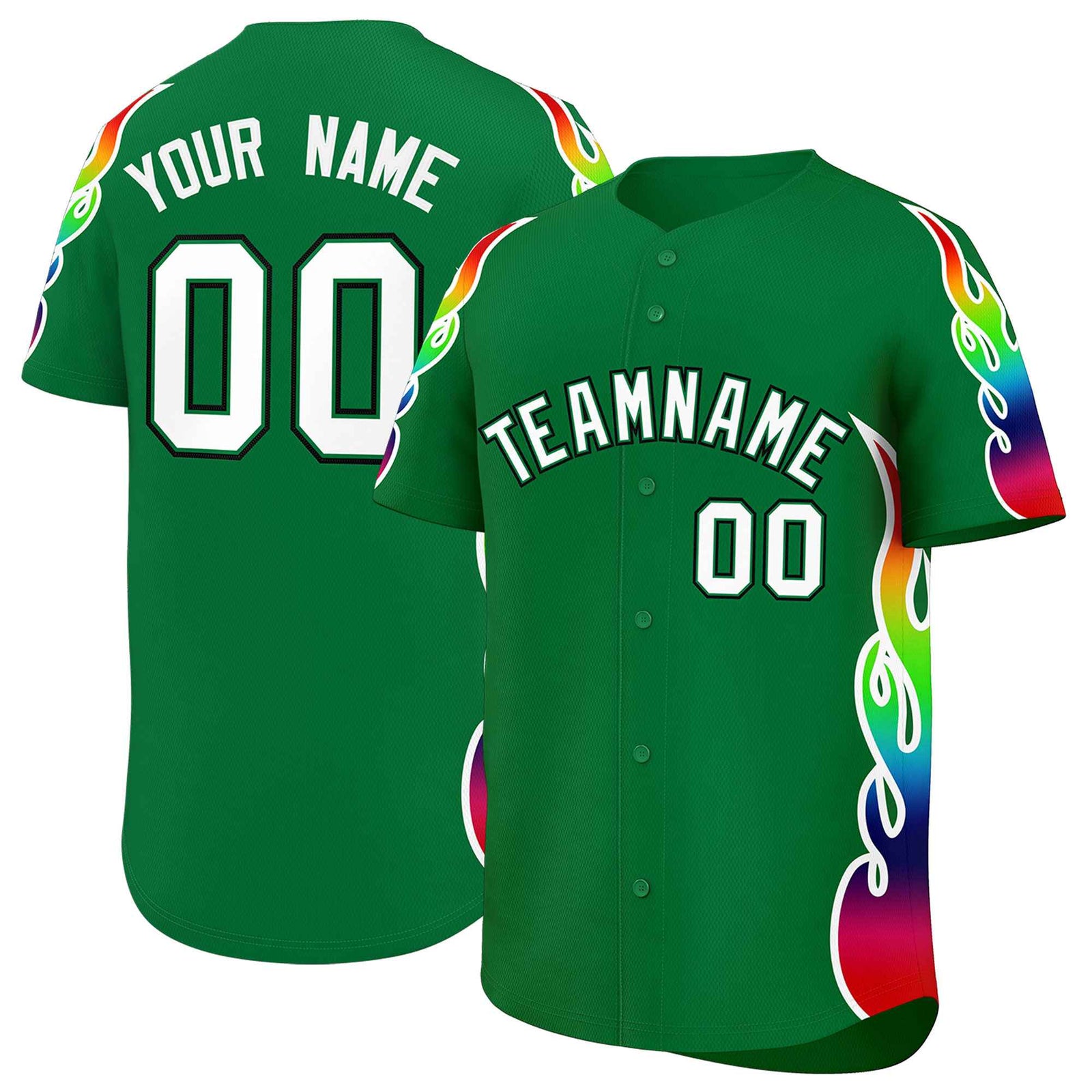 Custom Kelly Green Graffiti Pattern Personalized Multicolored Flames Print Authentic Baseball Jersey
