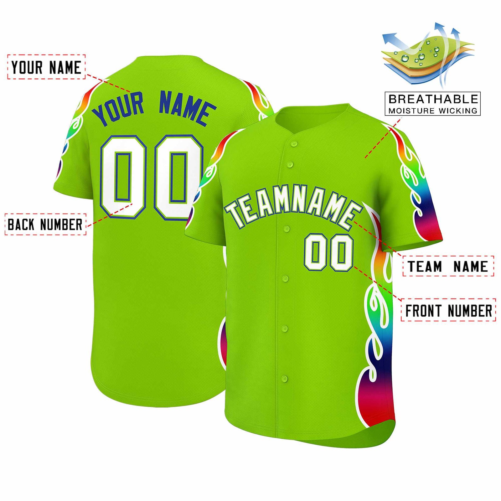 Custom Neon Green Graffiti Pattern Personalized Multicolored Flames Print Authentic Baseball Jersey