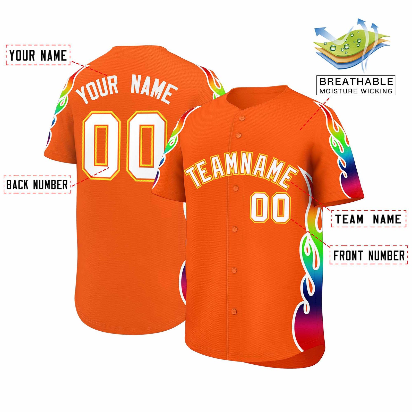Custom Orange Graffiti Pattern Personalized Multicolored Flames Print Authentic Baseball Jersey