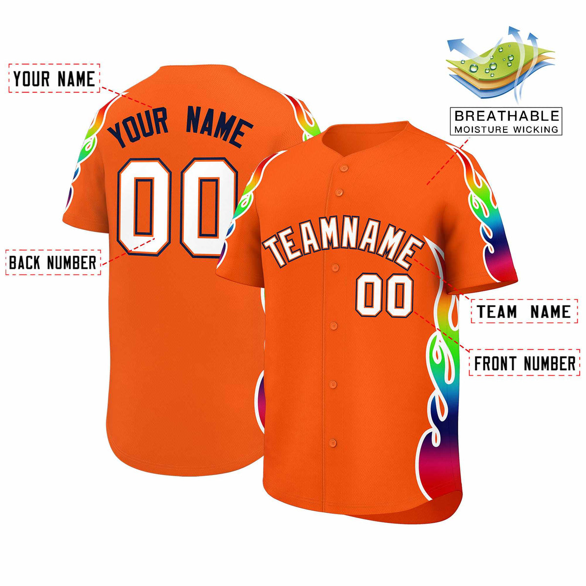 Custom Orange Graffiti Pattern Personalized Multicolored Flames Print Authentic Baseball Jersey