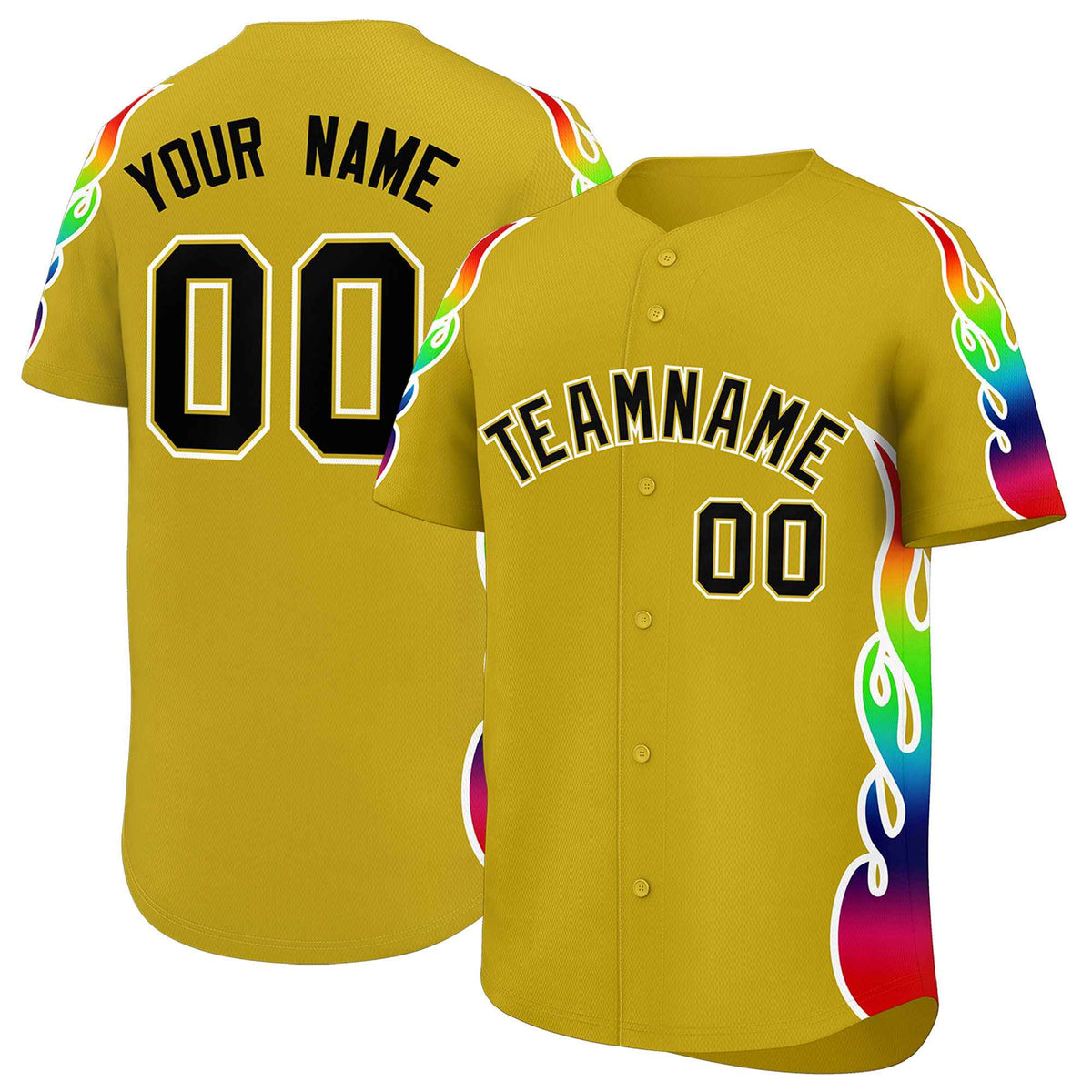Custom Old Gold Graffiti Pattern Personalized Multicolored Flames Print Authentic Baseball Jersey