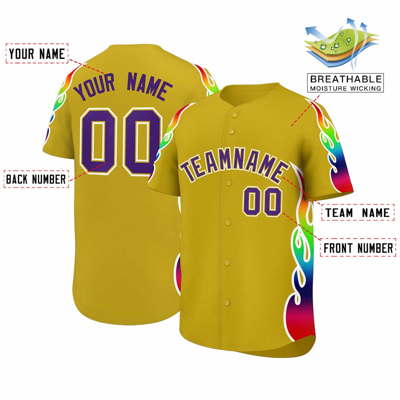 Custom Old Gold Graffiti Pattern Personalized Multicolored Flames Print Authentic Baseball Jersey