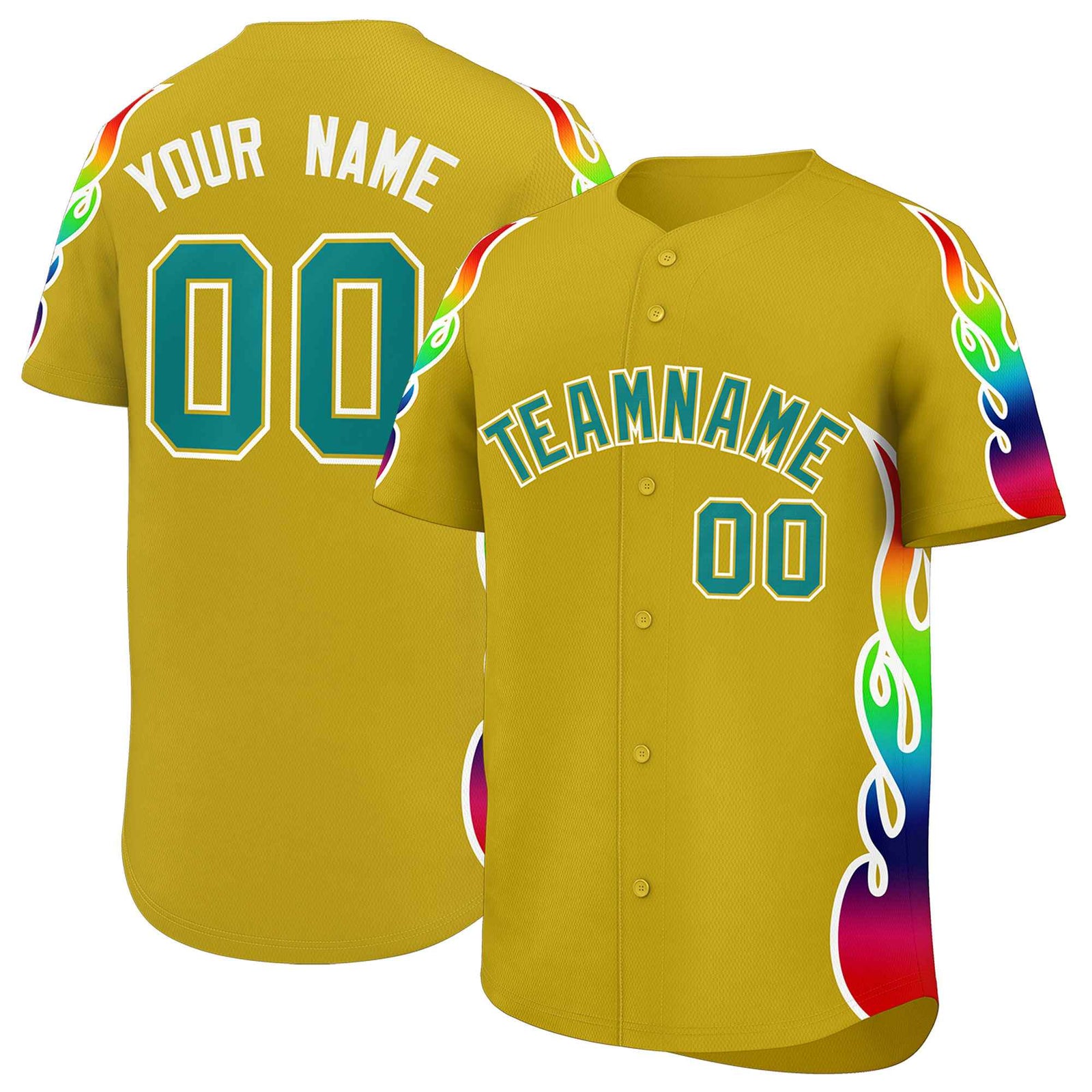 Custom Old Gold Graffiti Pattern Personalized Multicolored Flames Print Authentic Baseball Jersey
