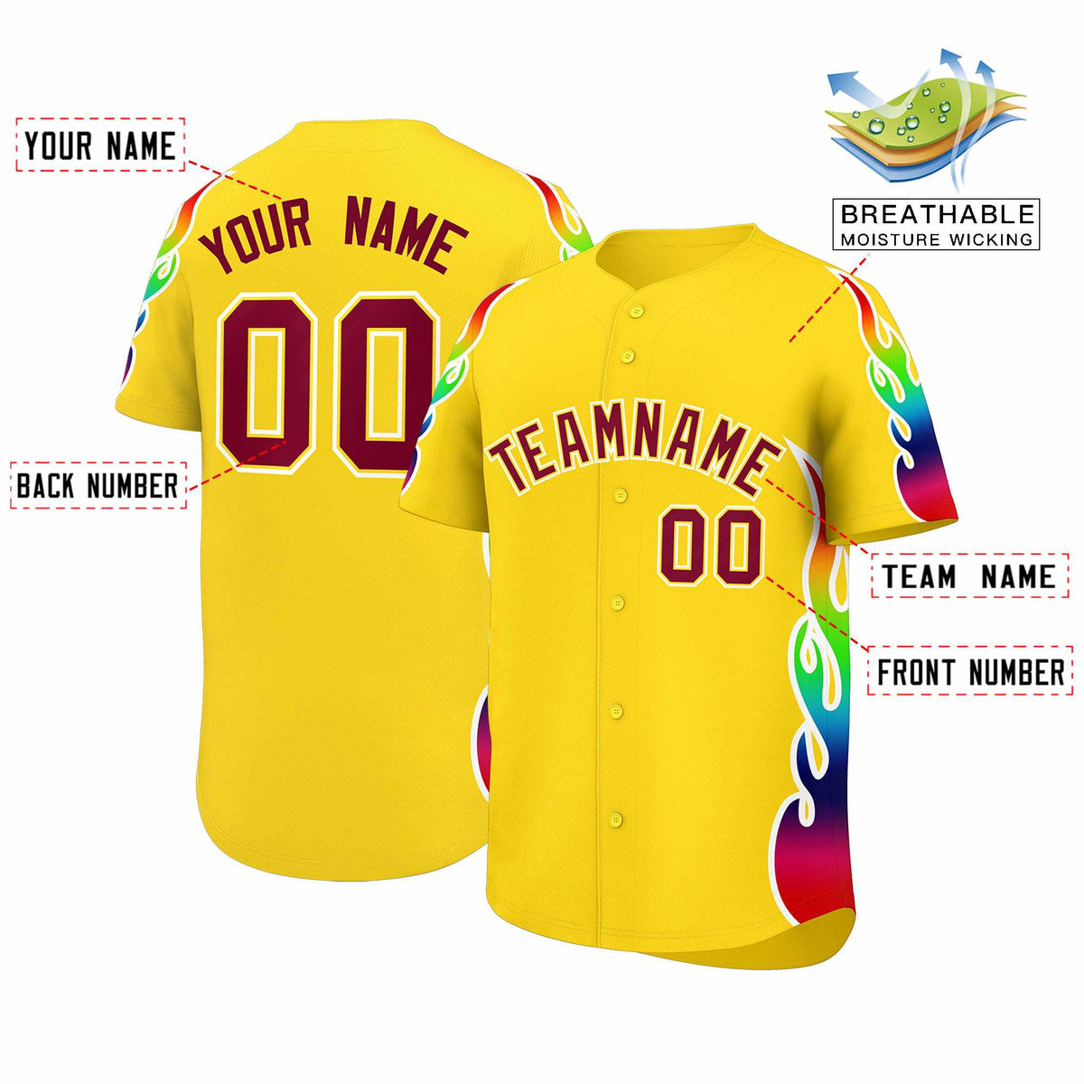 Custom Gold Graffiti Pattern Personalized Multicolored Flames Print Authentic Baseball Jersey