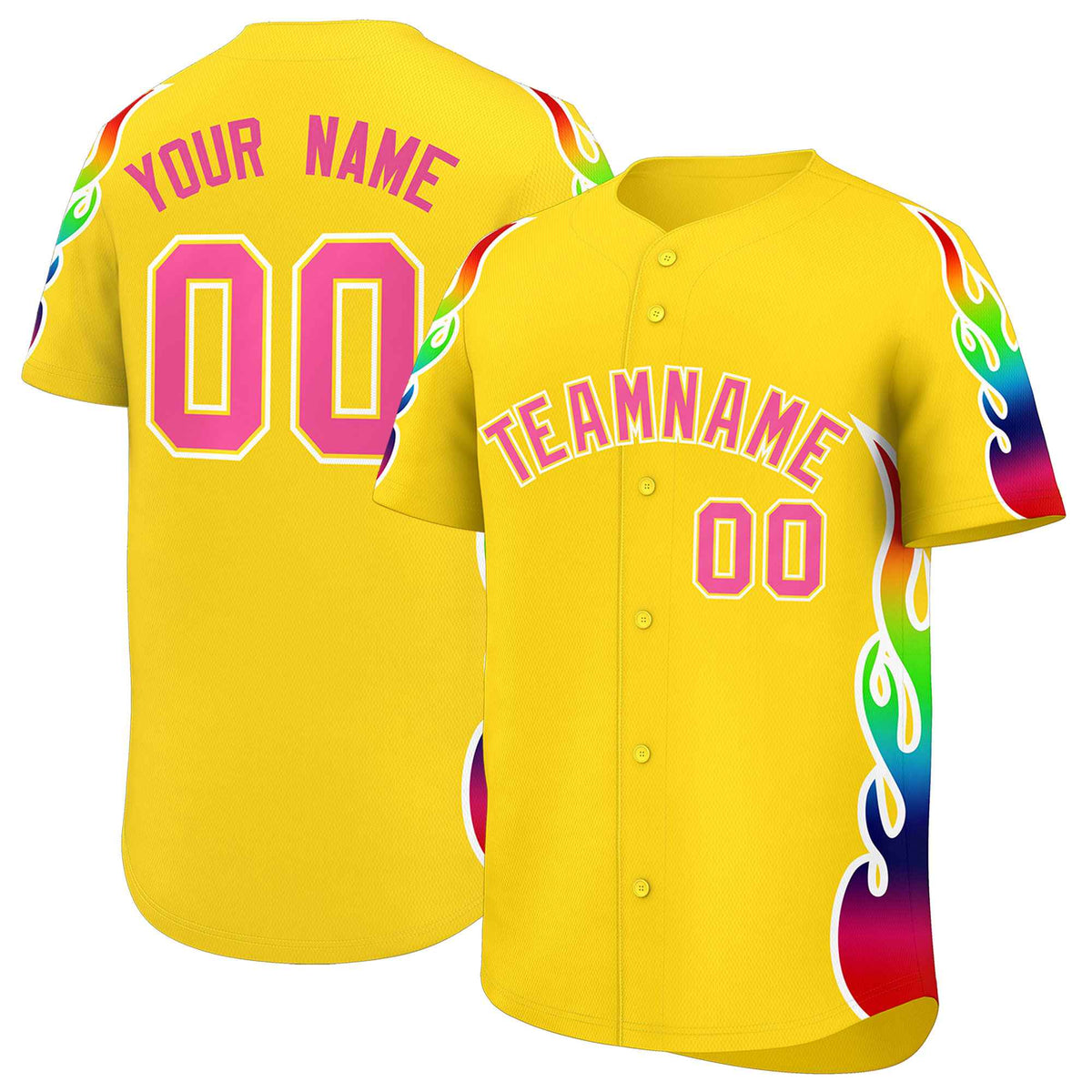 Custom Gold Graffiti Pattern Personalized Multicolored Flames Print Authentic Baseball Jersey