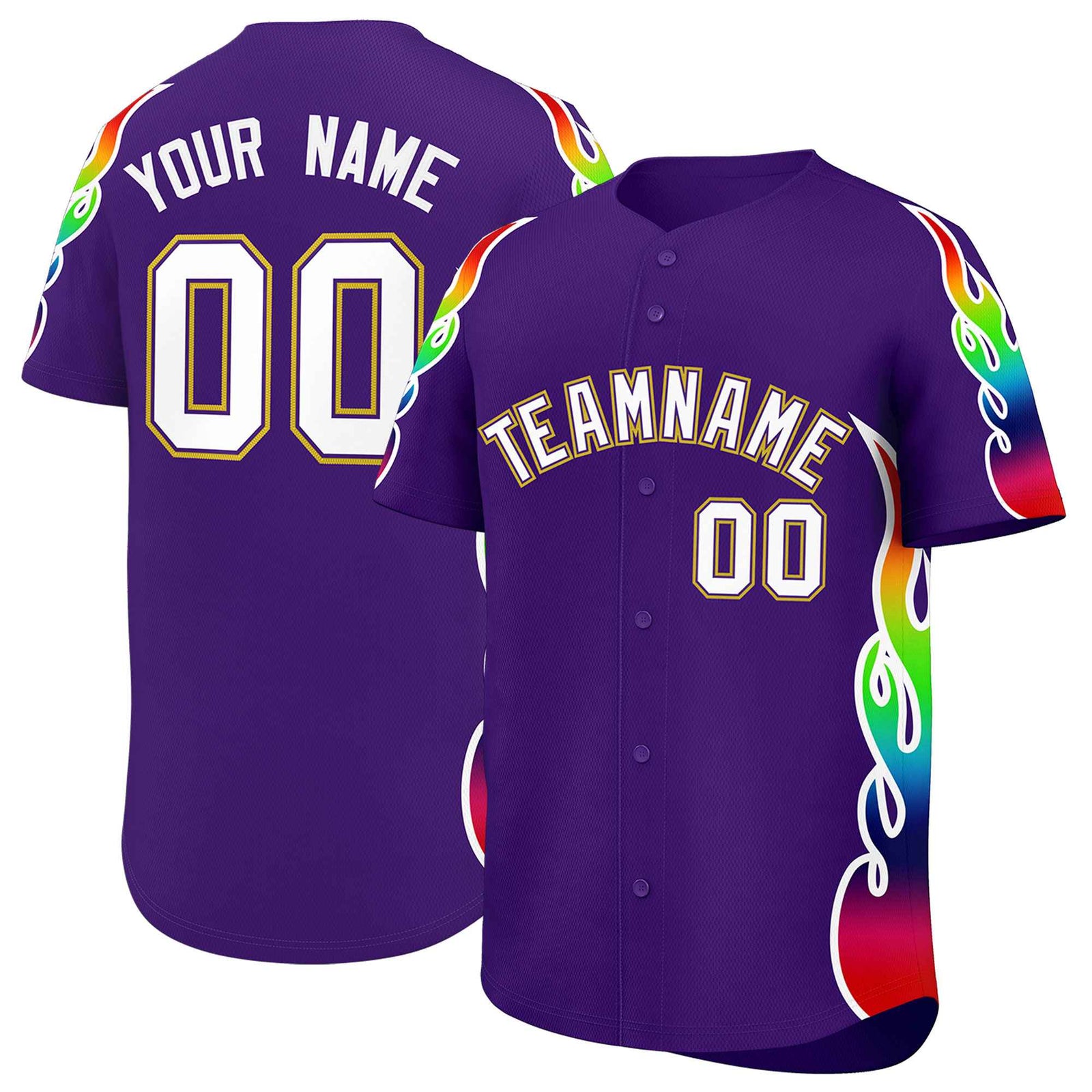 Custom Purple Graffiti Pattern Personalized Multicolored Flames Print Authentic Baseball Jersey