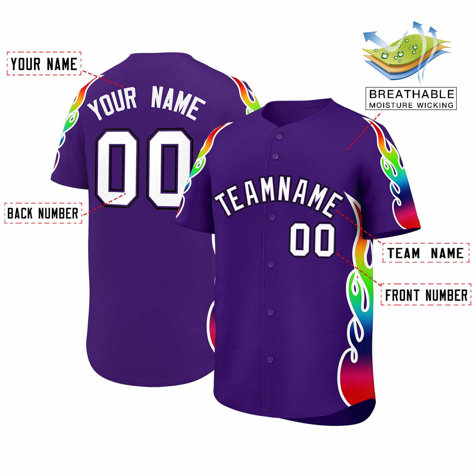 Custom Purple Graffiti Pattern Personalized Multicolored Flames Print Authentic Baseball Jersey