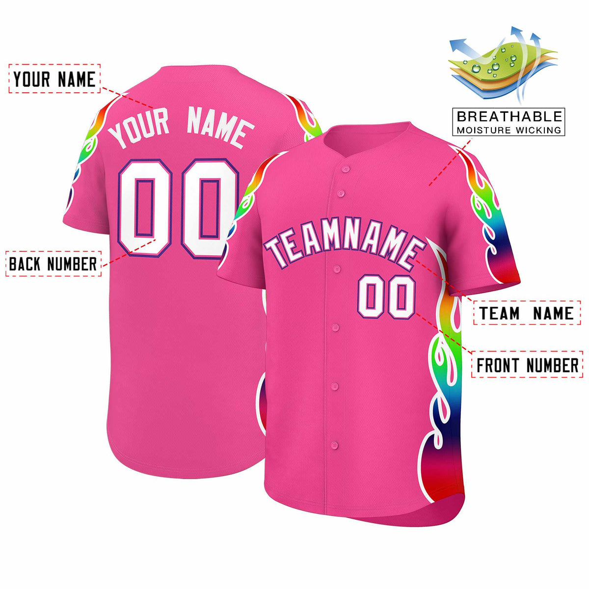 Custom Pink Graffiti Pattern Personalized Multicolored Flames Print Authentic Baseball Jersey