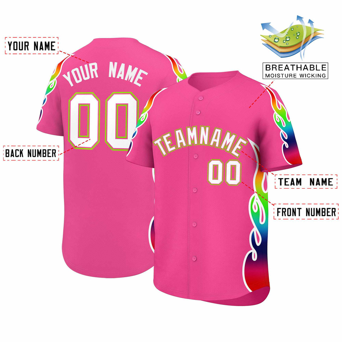 Custom Pink Graffiti Pattern Personalized Multicolored Flames Print Authentic Baseball Jersey