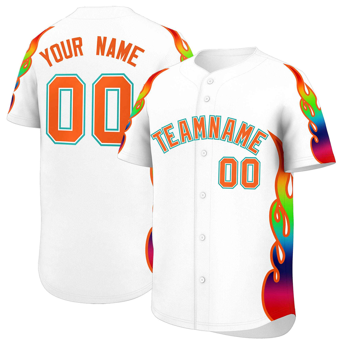 Custom White Graffiti Pattern Personalized Multicolored Flames Print Authentic Baseball Jersey