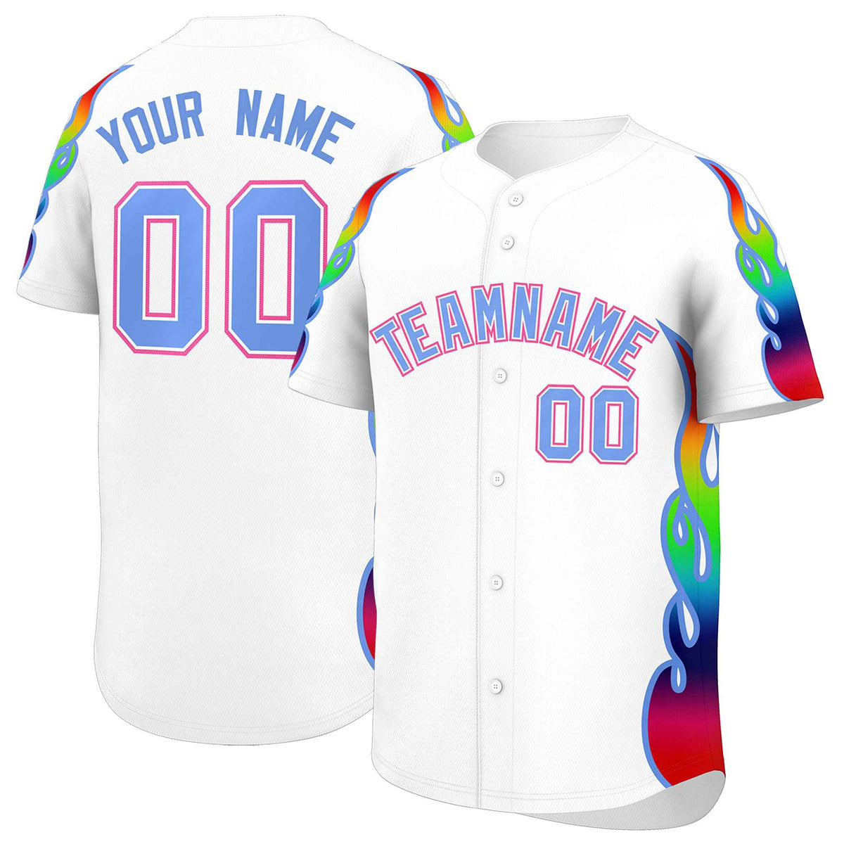Custom White Graffiti Pattern Personalized Multicolored Flames Print Authentic Baseball Jersey