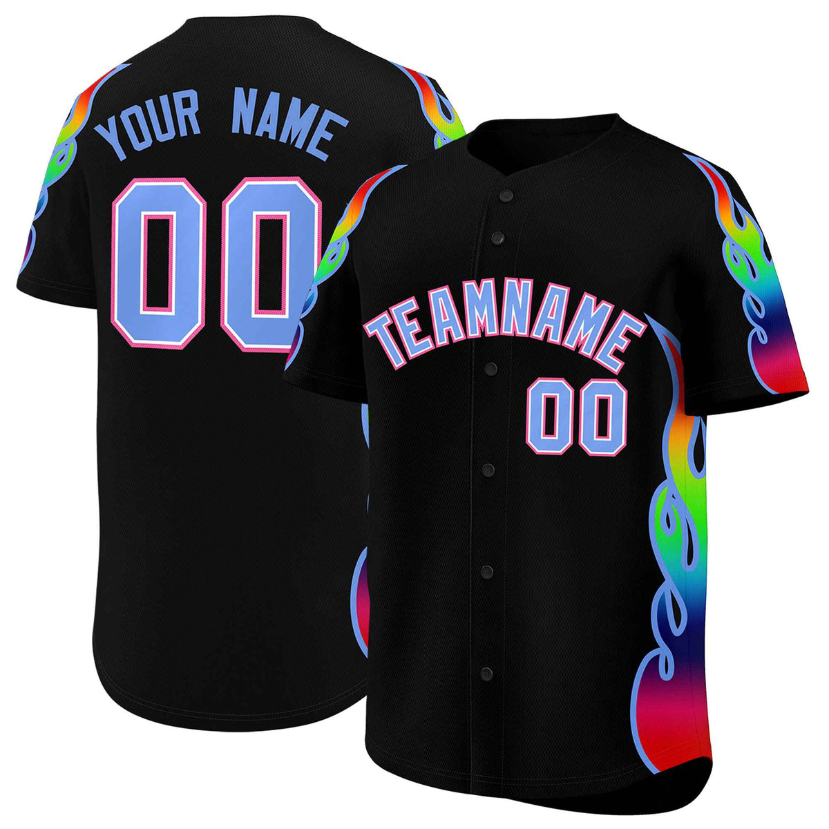 Custom Black Graffiti Pattern Personalized Multicolored Flames Print Authentic Baseball Jersey