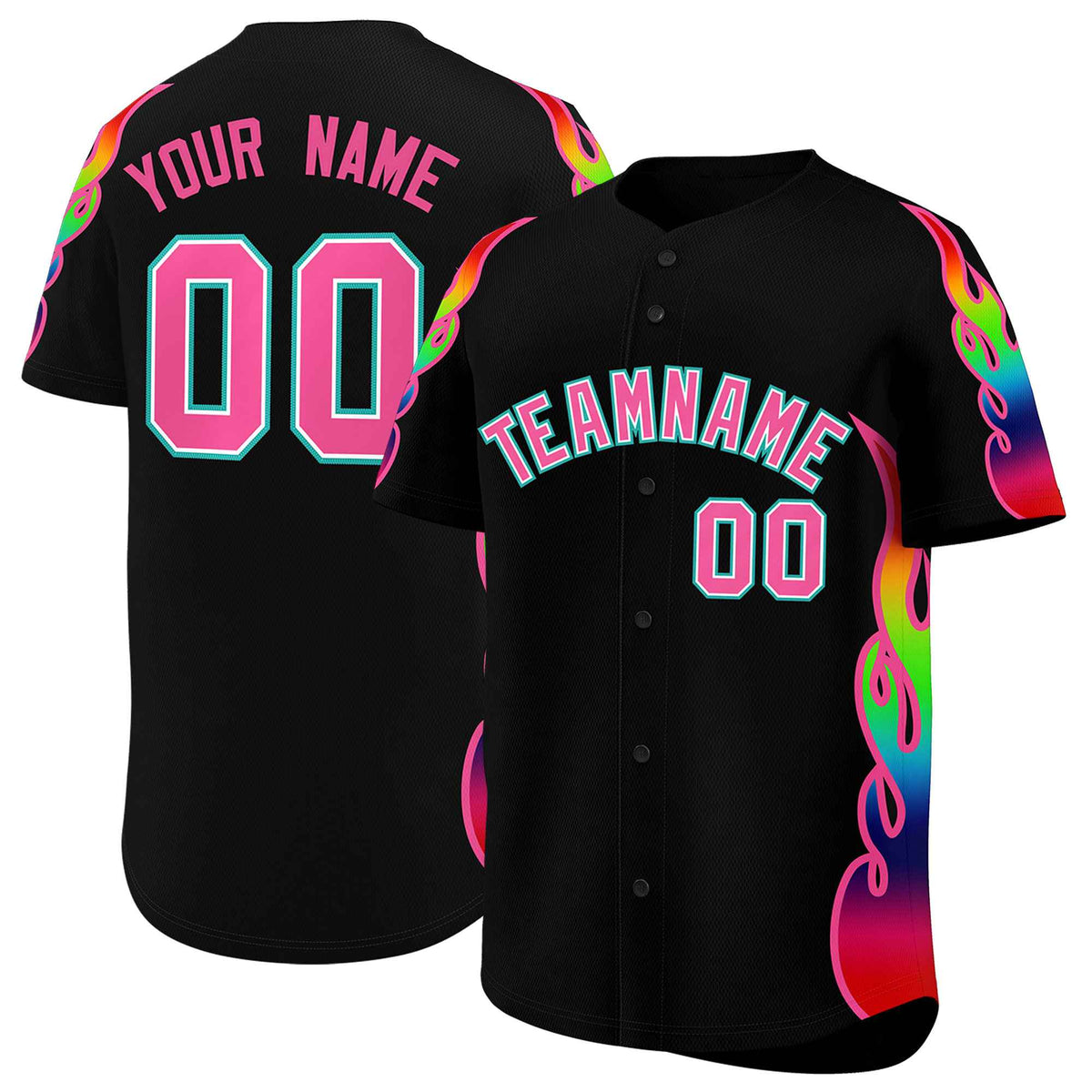 Custom Black Graffiti Pattern Personalized Multicolored Flames Print Authentic Baseball Jersey