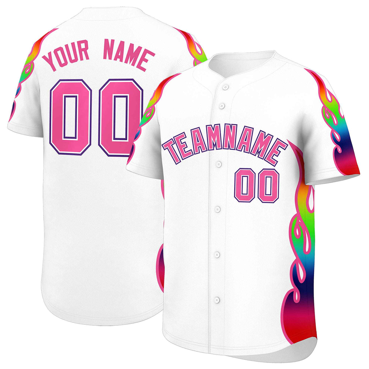 Custom White Graffiti Pattern Personalized Multicolored Flames Print Authentic Baseball Jersey
