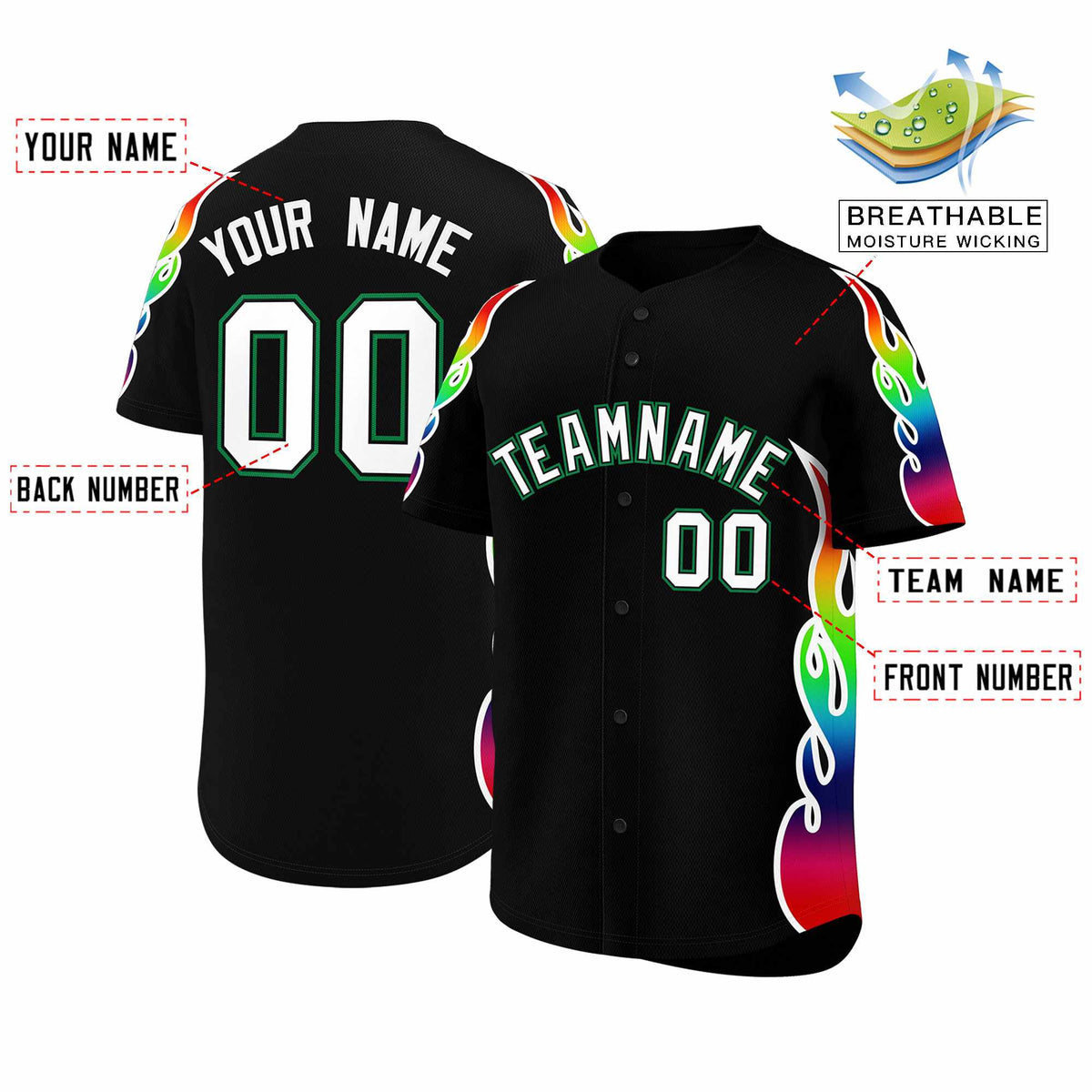 Custom Black Graffiti Pattern Personalized Multicolored Flames Print Authentic Baseball Jersey