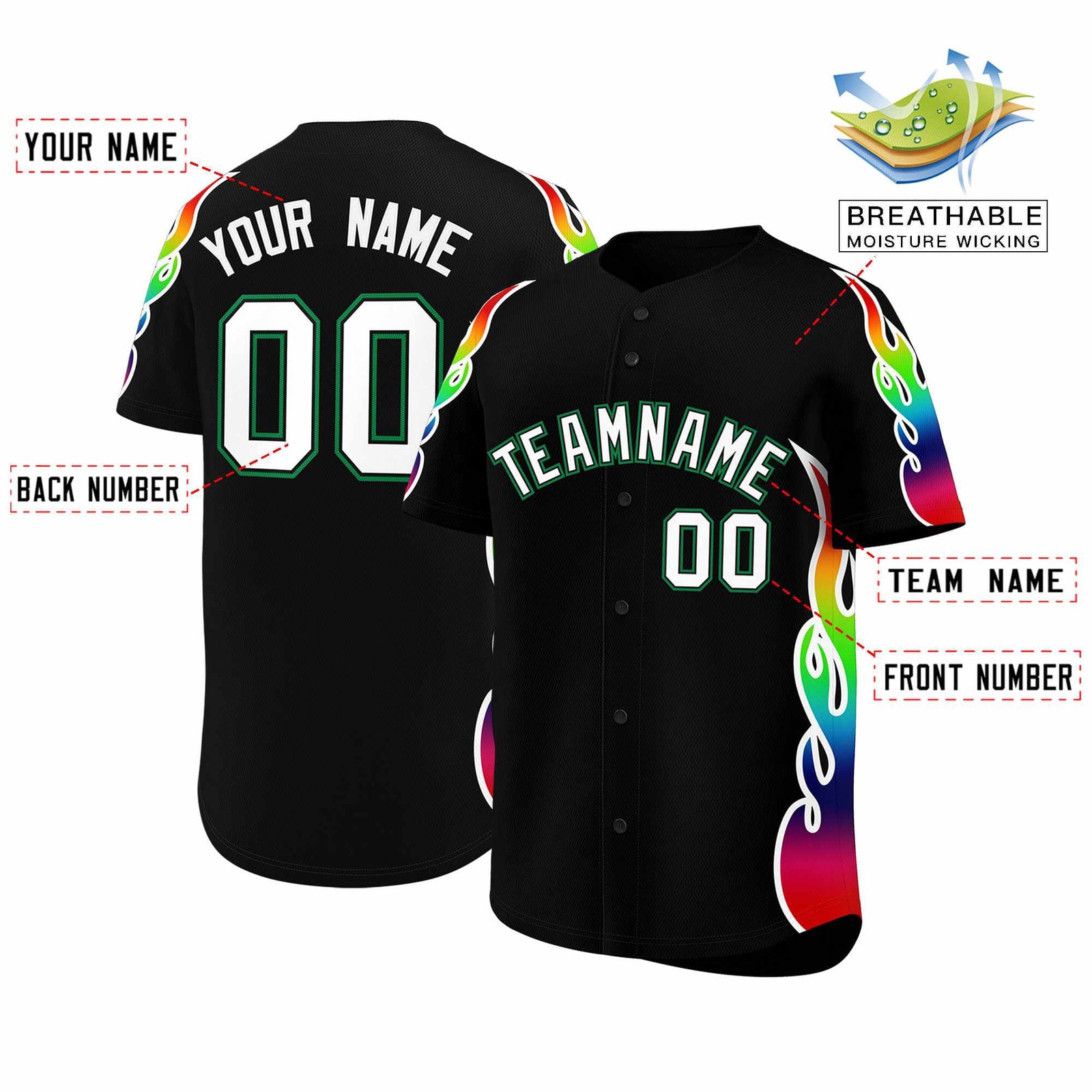 Custom Black Graffiti Pattern Personalized Multicolored Flames Print Authentic Baseball Jersey