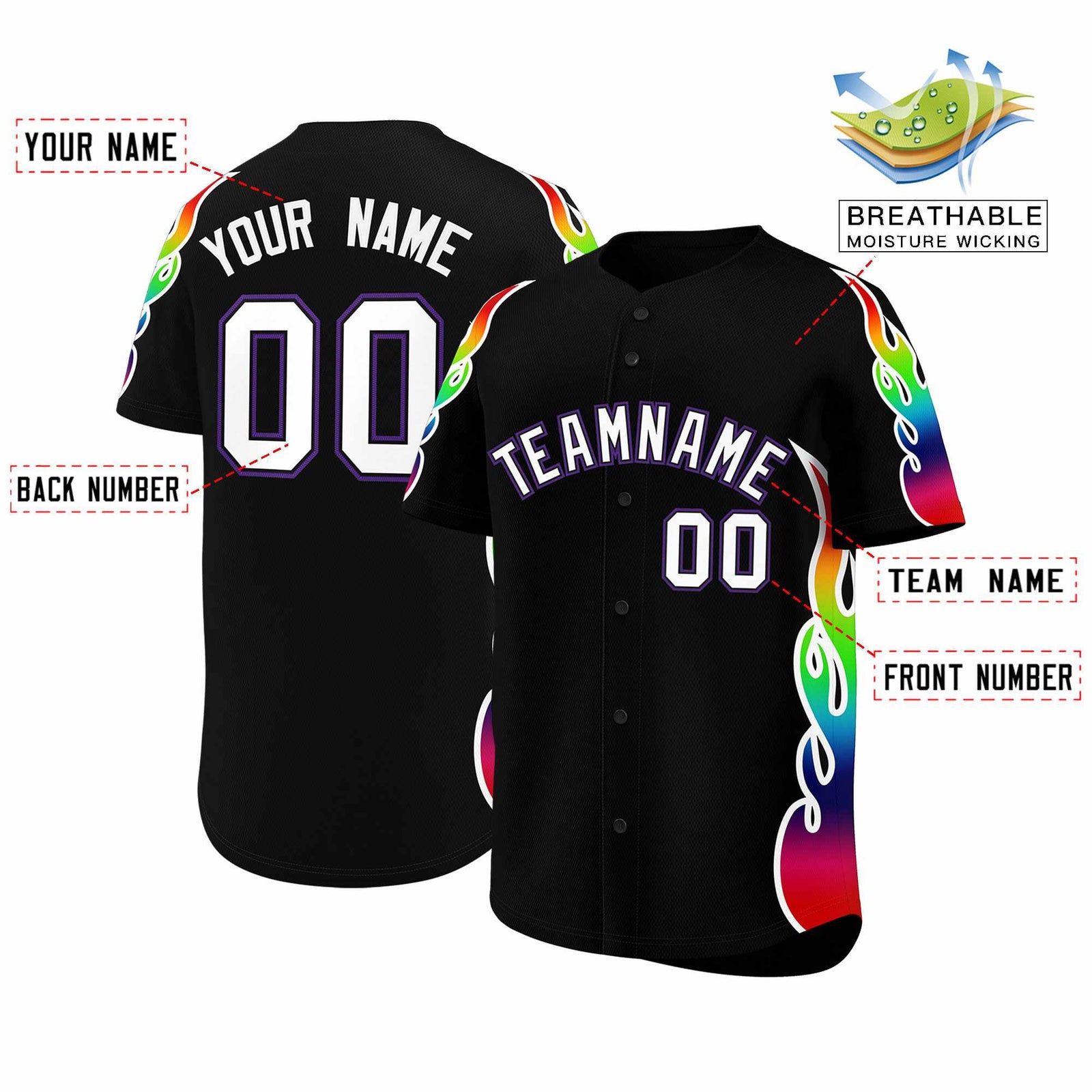Custom Black Graffiti Pattern Personalized Multicolored Flames Print Authentic Baseball Jersey