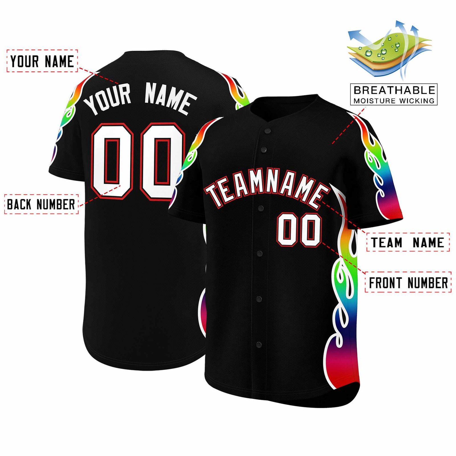 Custom Black Graffiti Pattern Personalized Multicolored Flames Print Authentic Baseball Jersey