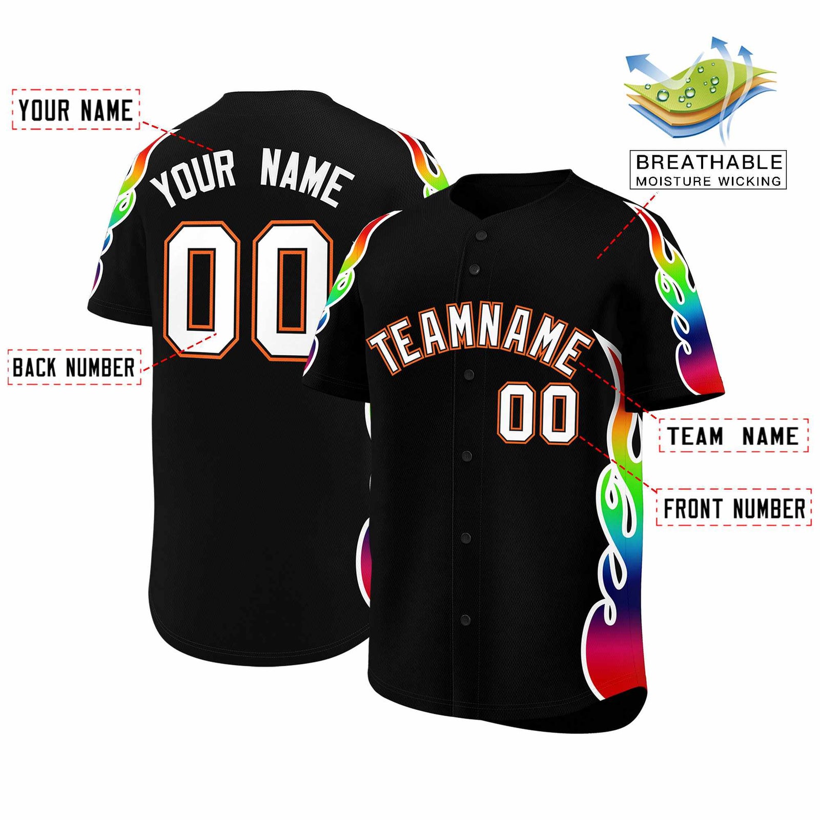 Custom Black Graffiti Pattern Personalized Multicolored Flames Print Authentic Baseball Jersey