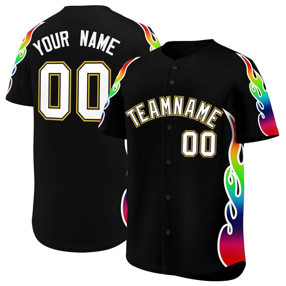 Custom Black Graffiti Pattern Personalized Multicolored Flames Print Authentic Baseball Jersey