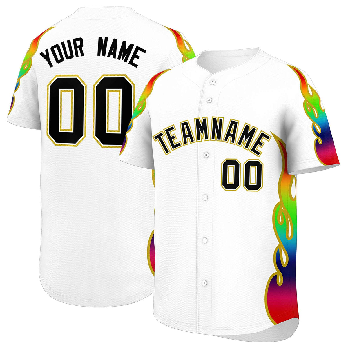 Custom White Graffiti Pattern Personalized Multicolored Flames Print Authentic Baseball Jersey