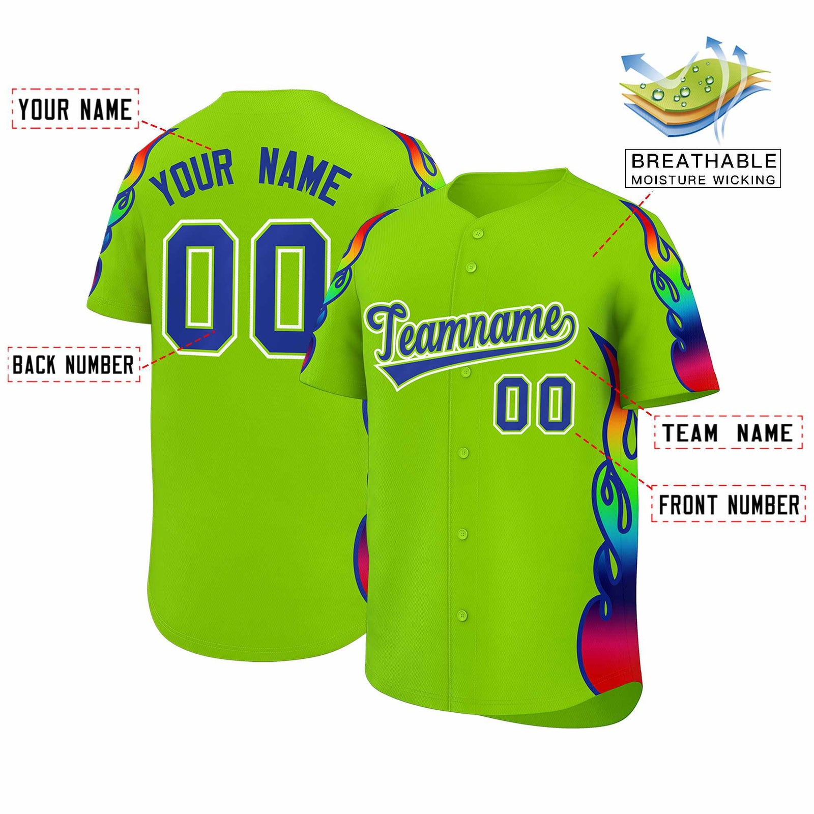 Custom Neon Green Graffiti Pattern Personalized Multicolored Flames Print Authentic Baseball Jersey