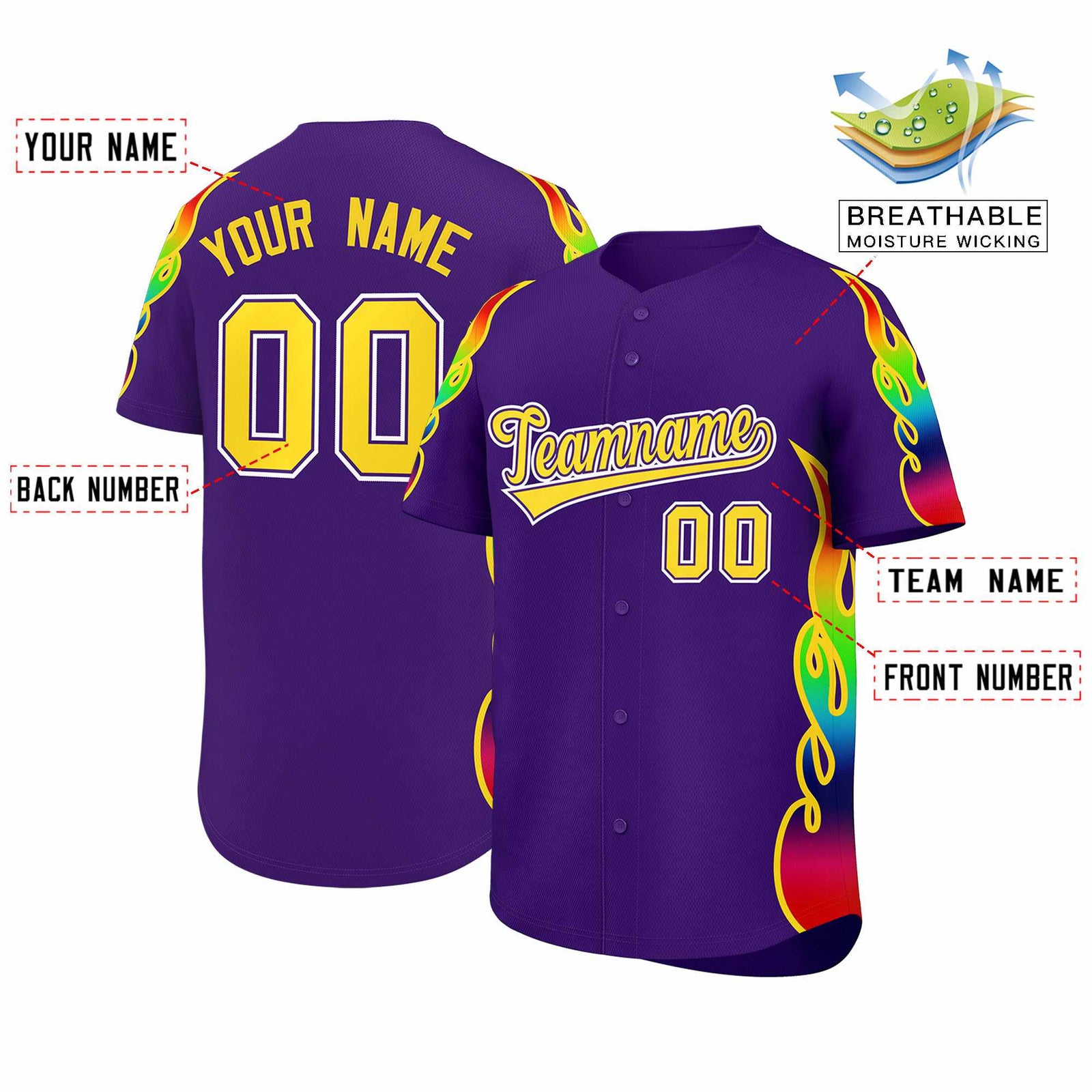 Custom Purple Graffiti Pattern Personalized Multicolored Flames Print Authentic Baseball Jersey