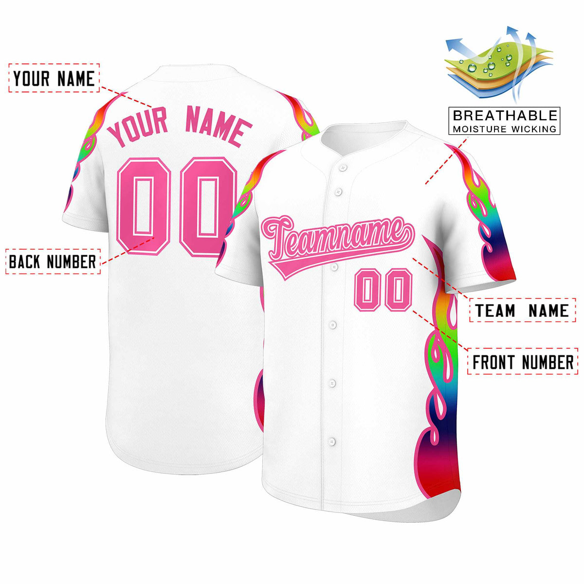 Custom White Graffiti Pattern Personalized Multicolored Flames Print Authentic Baseball Jersey
