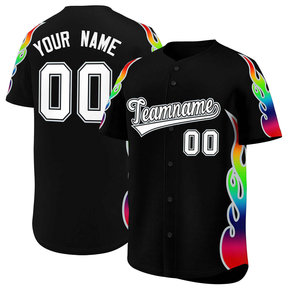 Custom Black Graffiti Pattern Personalized Multicolored Flames Print Authentic Baseball Jersey